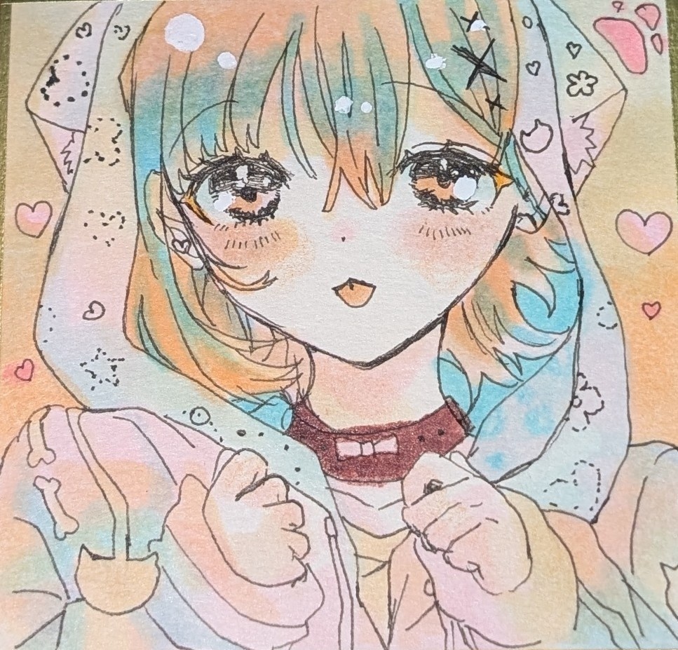 【病みかわ】猫耳フード少女 豆色紙原画 ♡