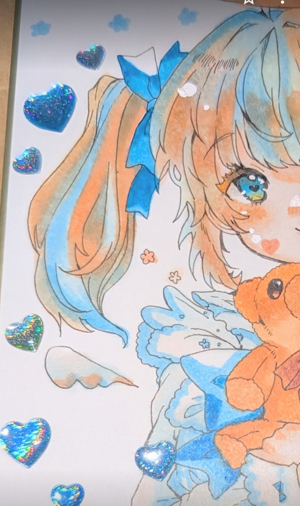天使ちゃんのぬくもり♡ くまちゃんとキラキラハート リメイク原画 / 寸松庵色紙♡♡♡
