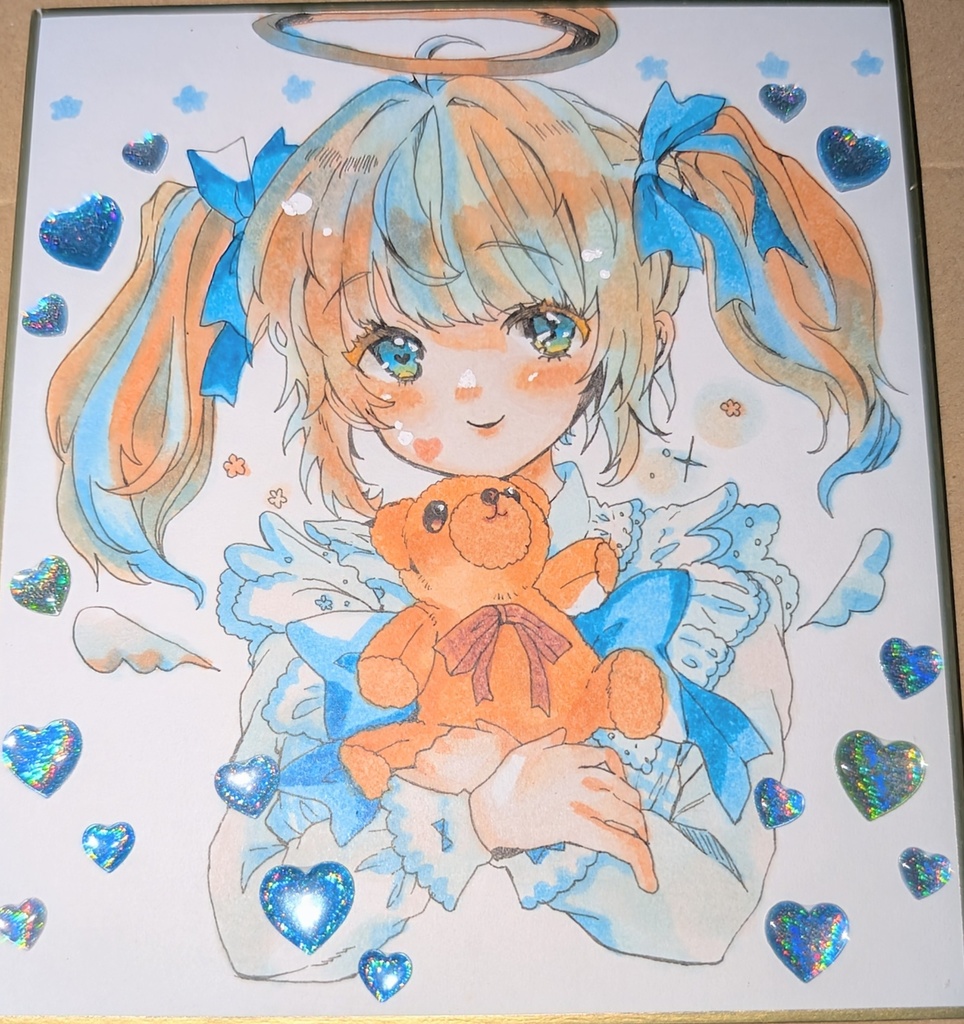 天使ちゃんのぬくもり♡ くまちゃんとキラキラハート リメイク原画 / 寸松庵色紙♡♡♡