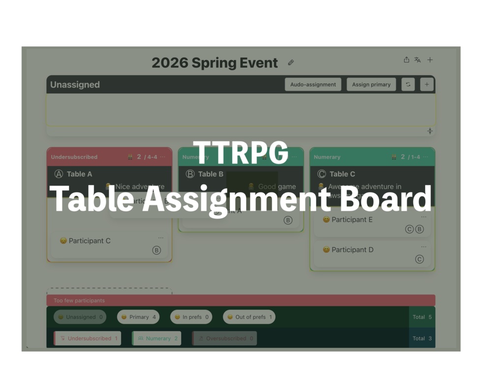 Offline TTRPG Table Assignment Board