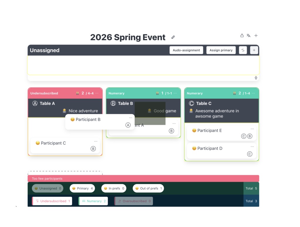 Offline TTRPG Table Assignment Board