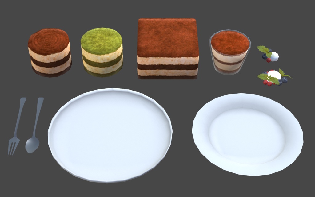 【3Dモデル】ティラミス4種 +トッピング等小物6点