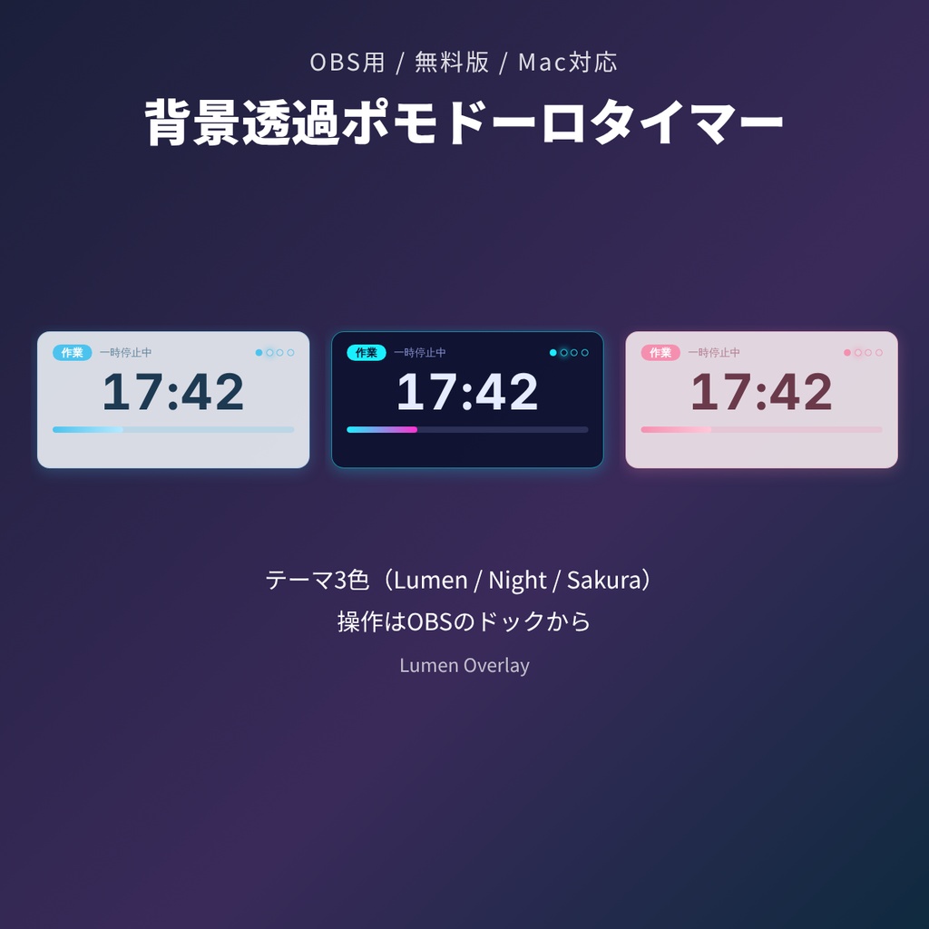 【無料/OBS用/HTML/Mac対応】背景透過ポモドーロタイマー|作業配信・勉強配信向け ブラウザソース|Lumen Overlay