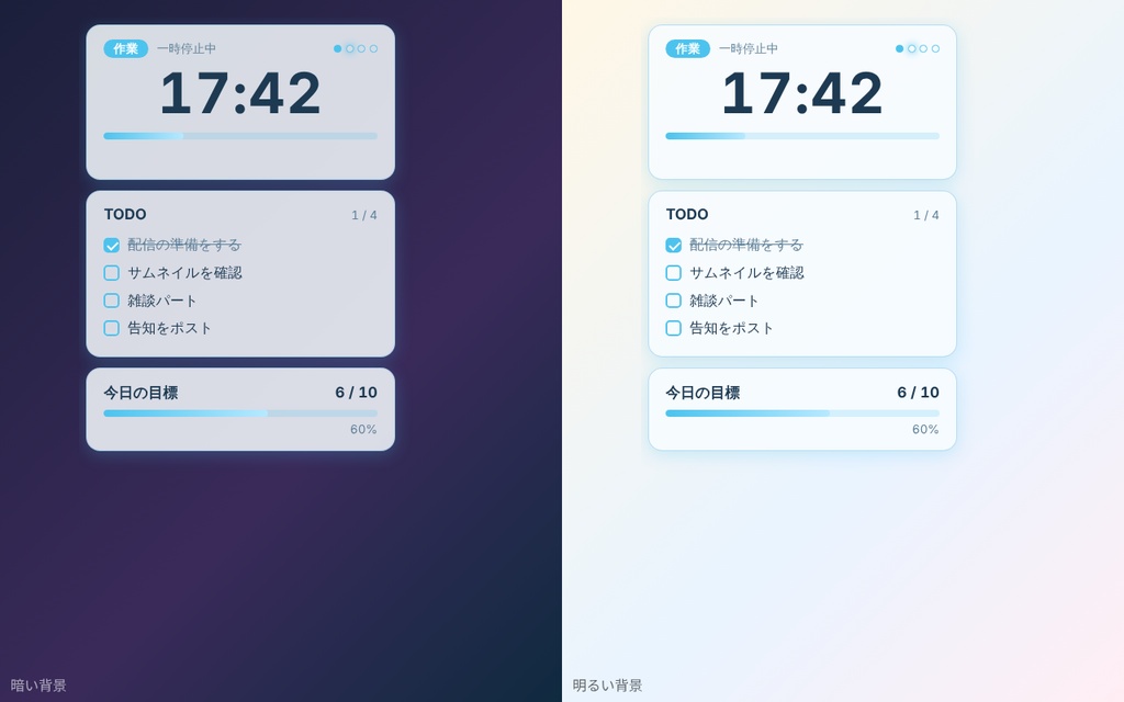 【無料版あり/OBS用/Mac対応】ポモ&タスク パック|ポモドーロ・チェックリスト・進捗バー3点セット 背景透過 3テーマ|作業配信・勉強配信|Lumen Overlay