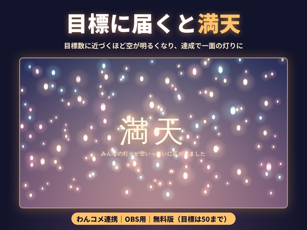 【無料/わんコメ連携/OBS用】Lumen ランタン|コメントで夜空に灯りが増えるオーバーレイ(無料版)|Lumen Overlayわんコメテンプレートわんコメ配信素材素材配信者向け無料素材背景透過オーバーレイ記念配信