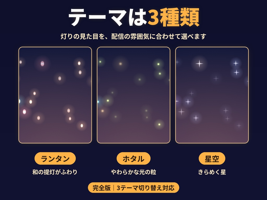 【無料版あり/わんコメ連携/OBS用】Lumen ランタン|コメントで夜空に灯りが増えるオーバーレイ(完全版)背景透過 3テーマ|Lumen Overlay