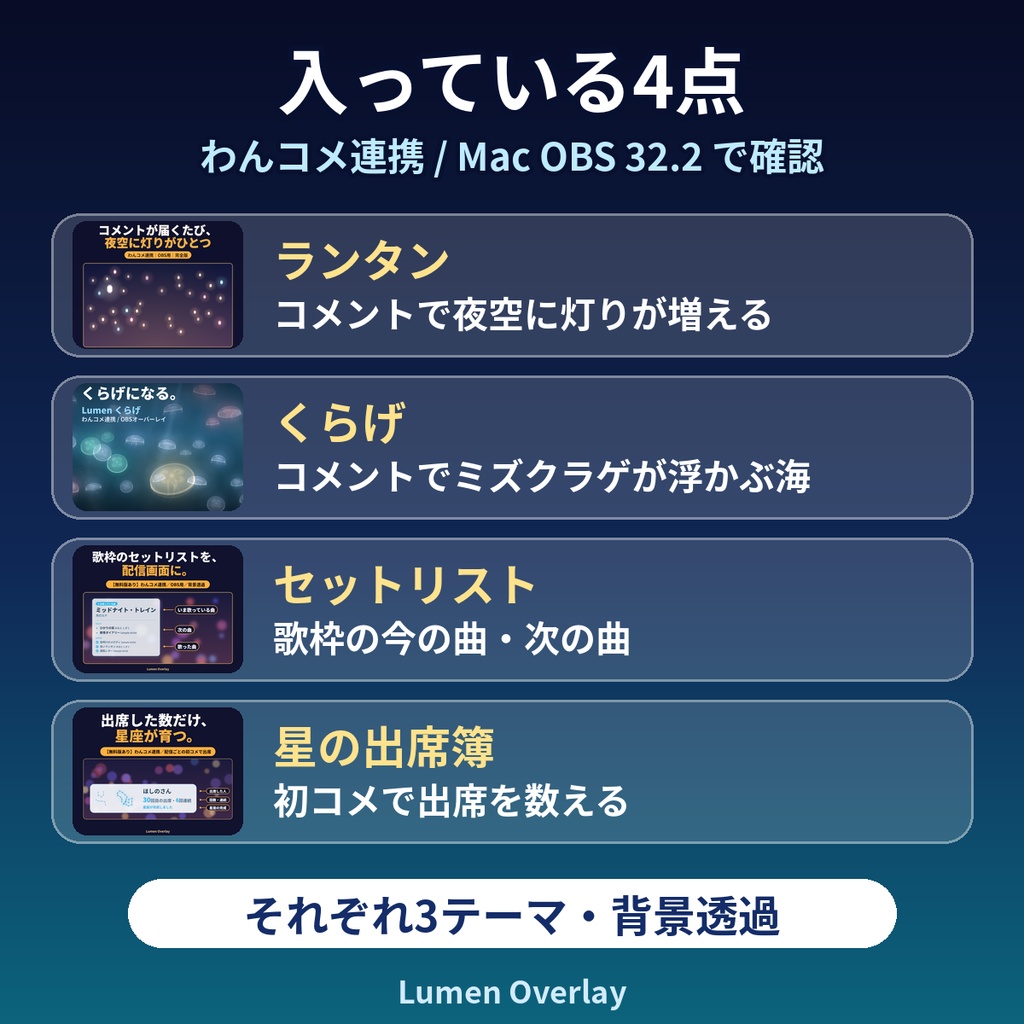 【まとめ買い/わんコメ連携/OBS用】Lumen まとめパック 4点(ランタン・くらげ・セットリスト・星の出席簿)完全版セット 背景透過|Lumen Overlay