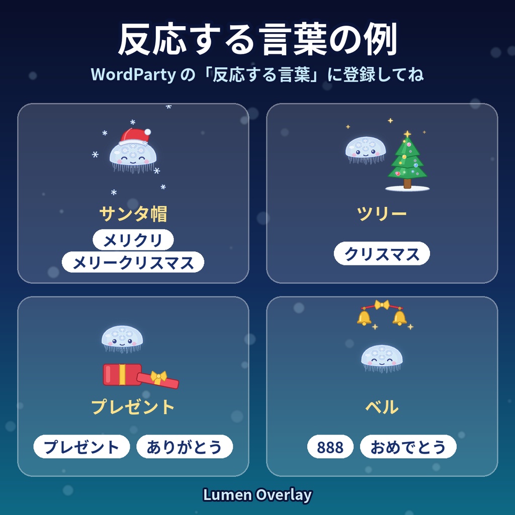【クリスマス/わんコメWordParty用/APNG】動くくらげスタンプ クリスマス4種|サンタ帽・ツリー・プレゼント・ベル 背景透過|Lumen Overlay