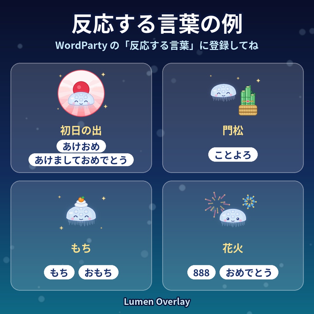 【お正月/わんコメWordParty用/APNG】動くくらげスタンプ お正月4種|初日の出・門松・もち・花火 背景透過|Lumen Overlay