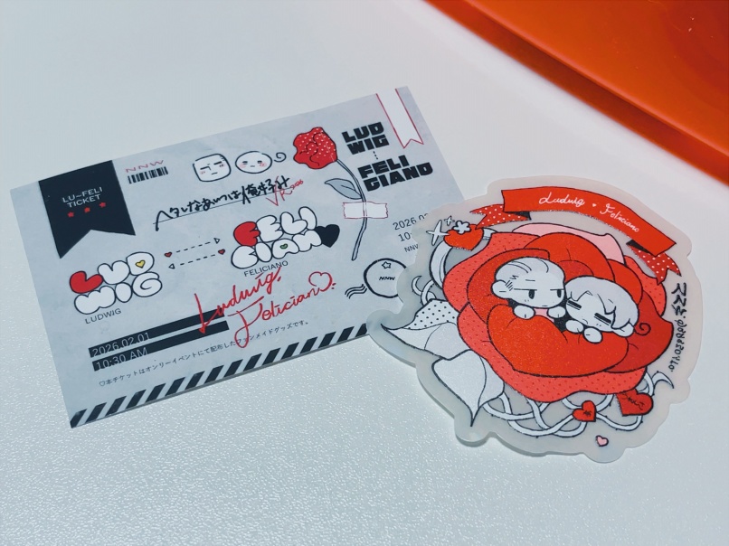 ヴァレンティーノどくいのチケット風カード＆ステッカー