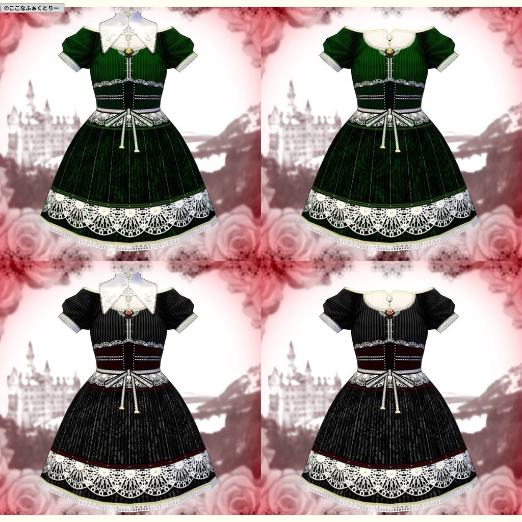 ※VRoidstudioベータ版で作成しています【VRoid用】クラシカルローズワンピース_アルビナスタイル4色セット
