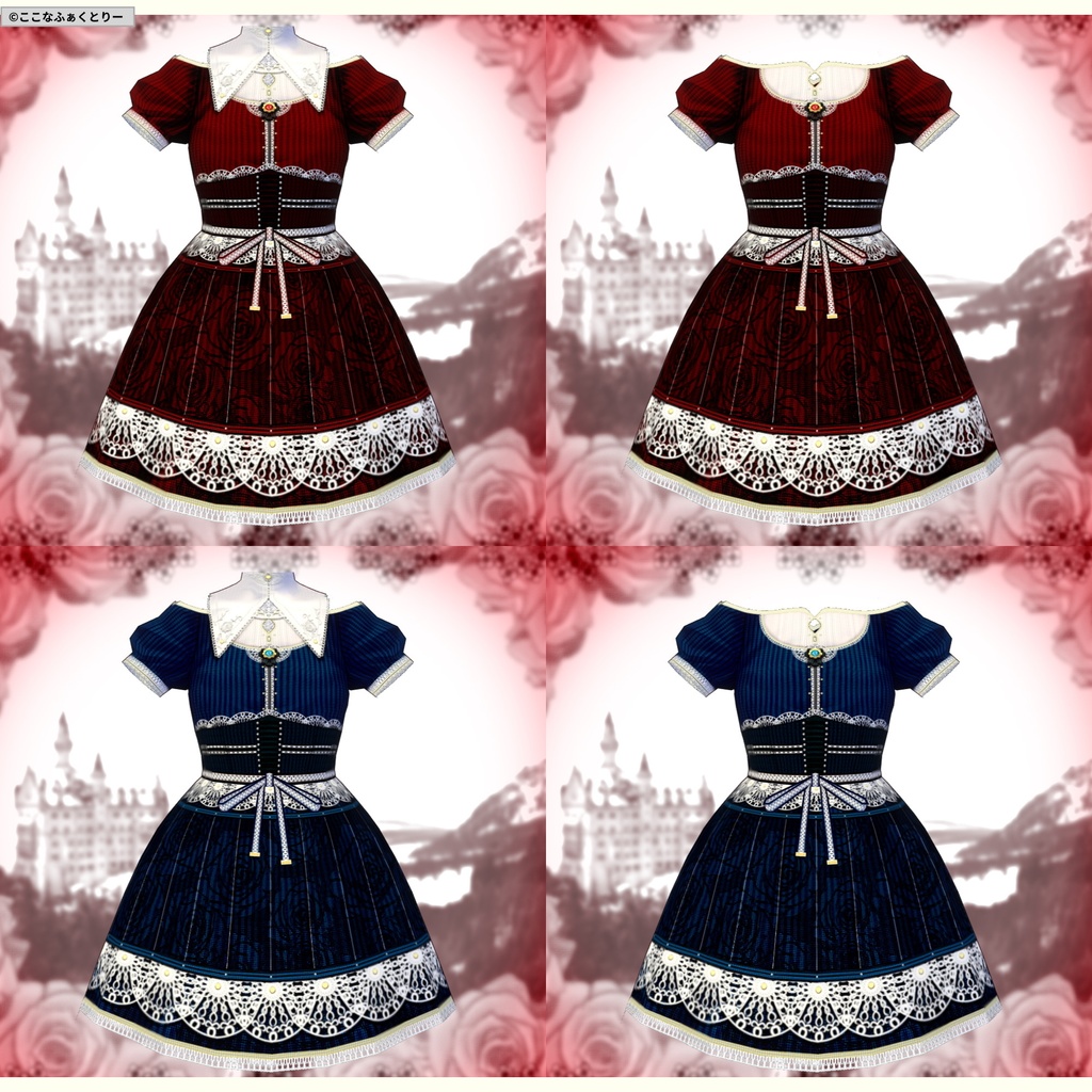 ※VRoidstudioベータ版で作成しています【VRoid用】クラシカルローズワンピース_アルビナスタイル4色セット
