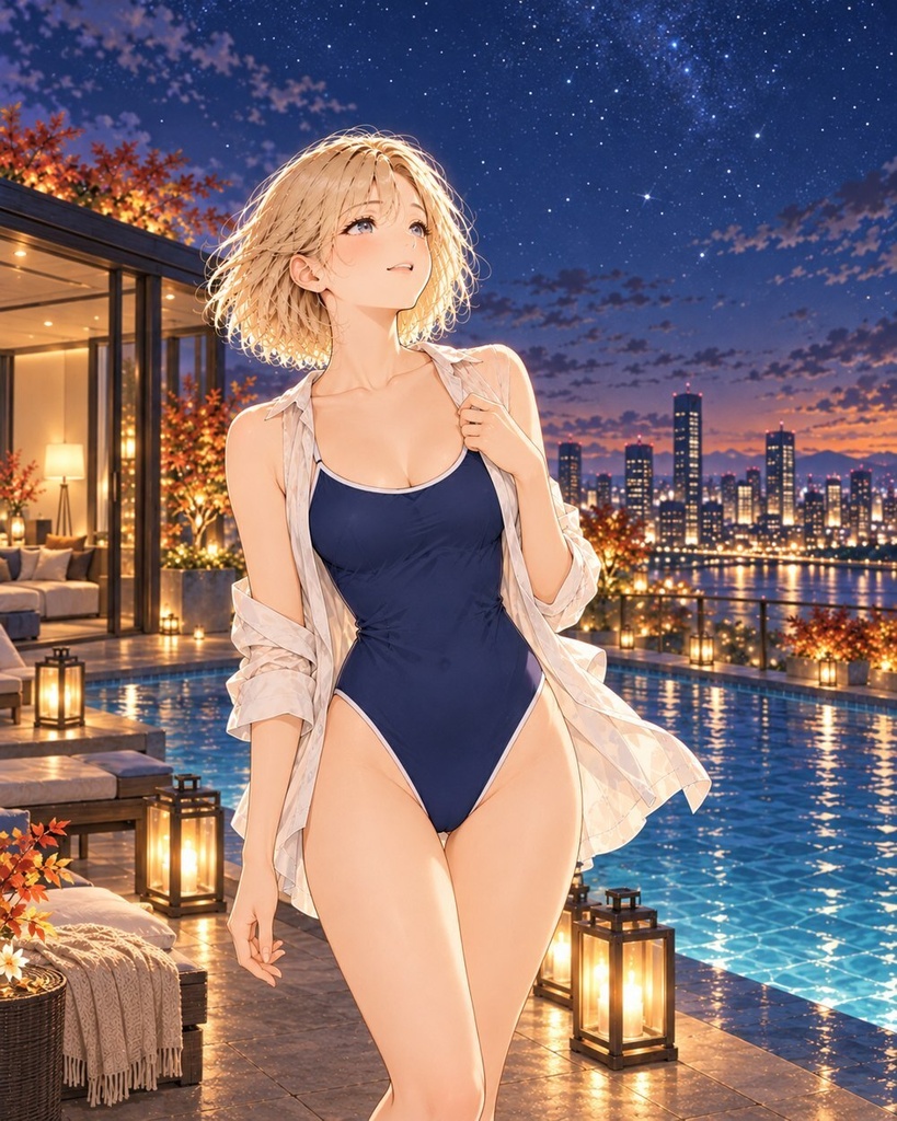 星を待つ屋上 — ゆいと過ごす、街の休日【AIイラスト写真集/PDF】