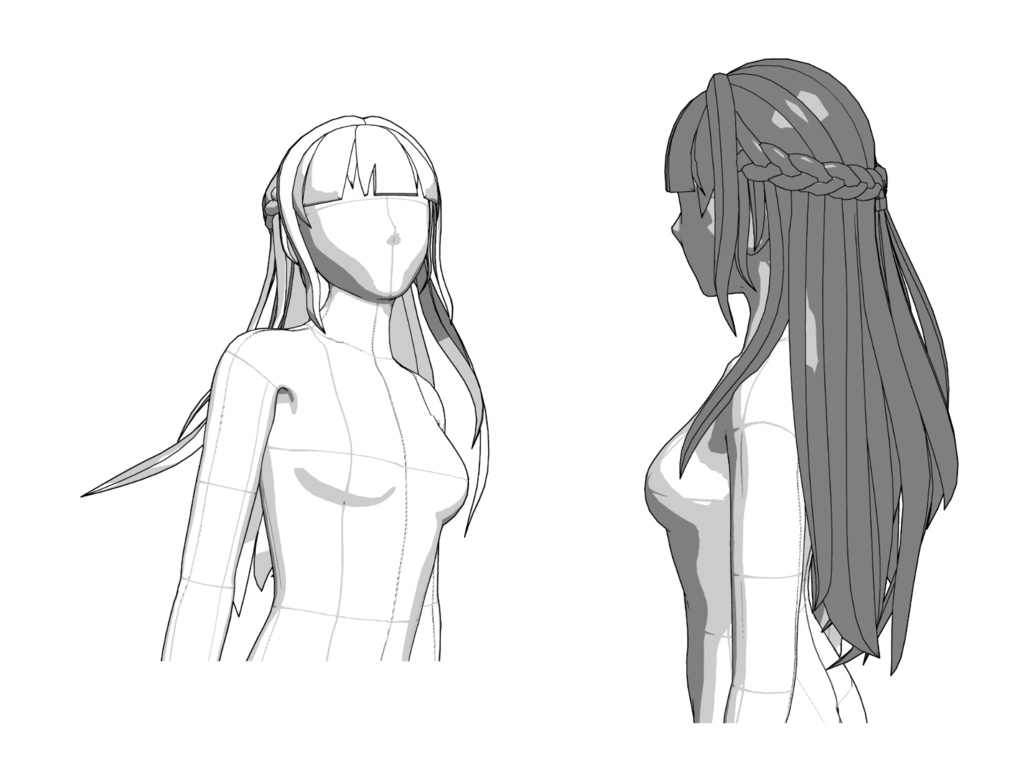 【3D素材】みつあみハーフアップロング