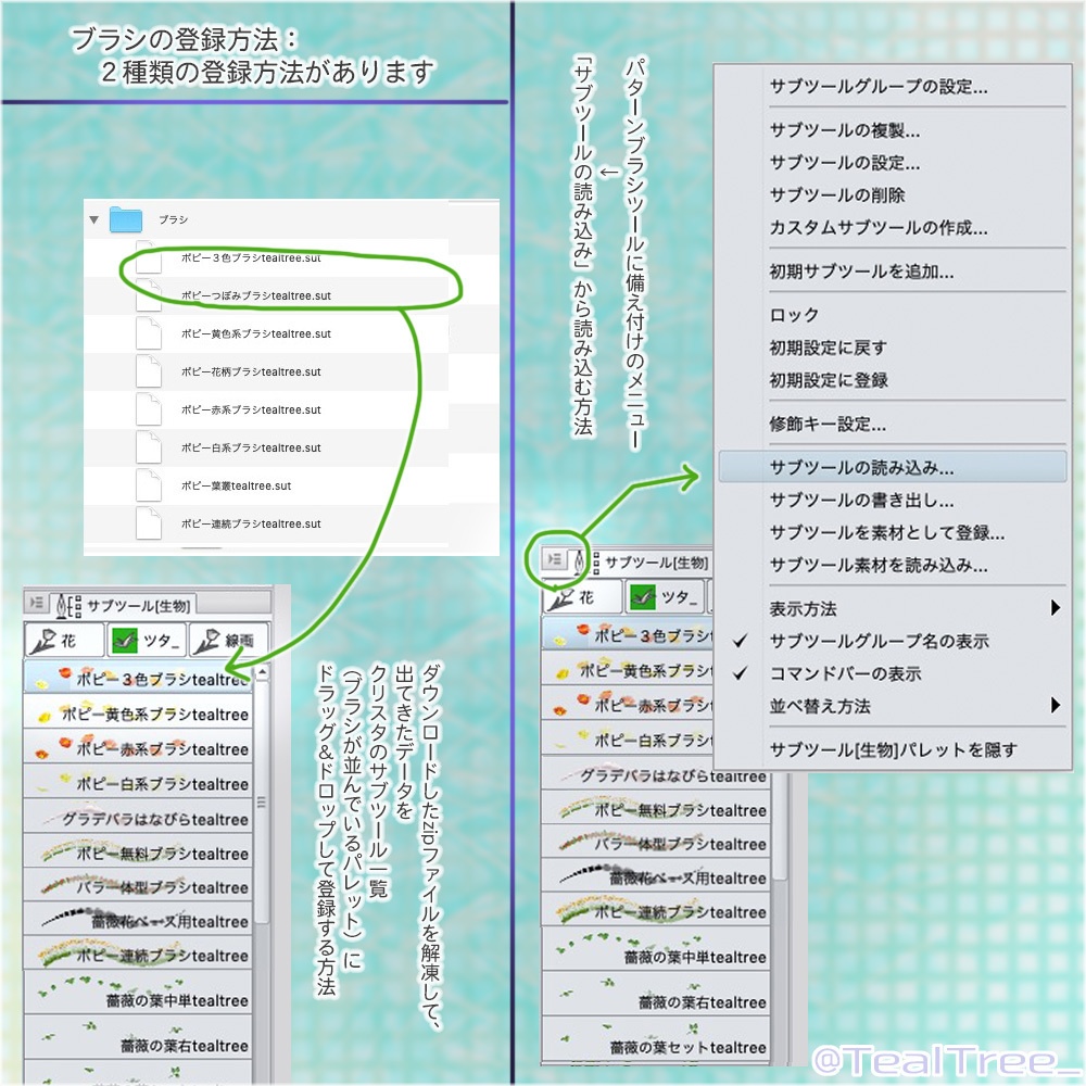ポピーのブラシ:花、つぼみ、葉の各種セット
