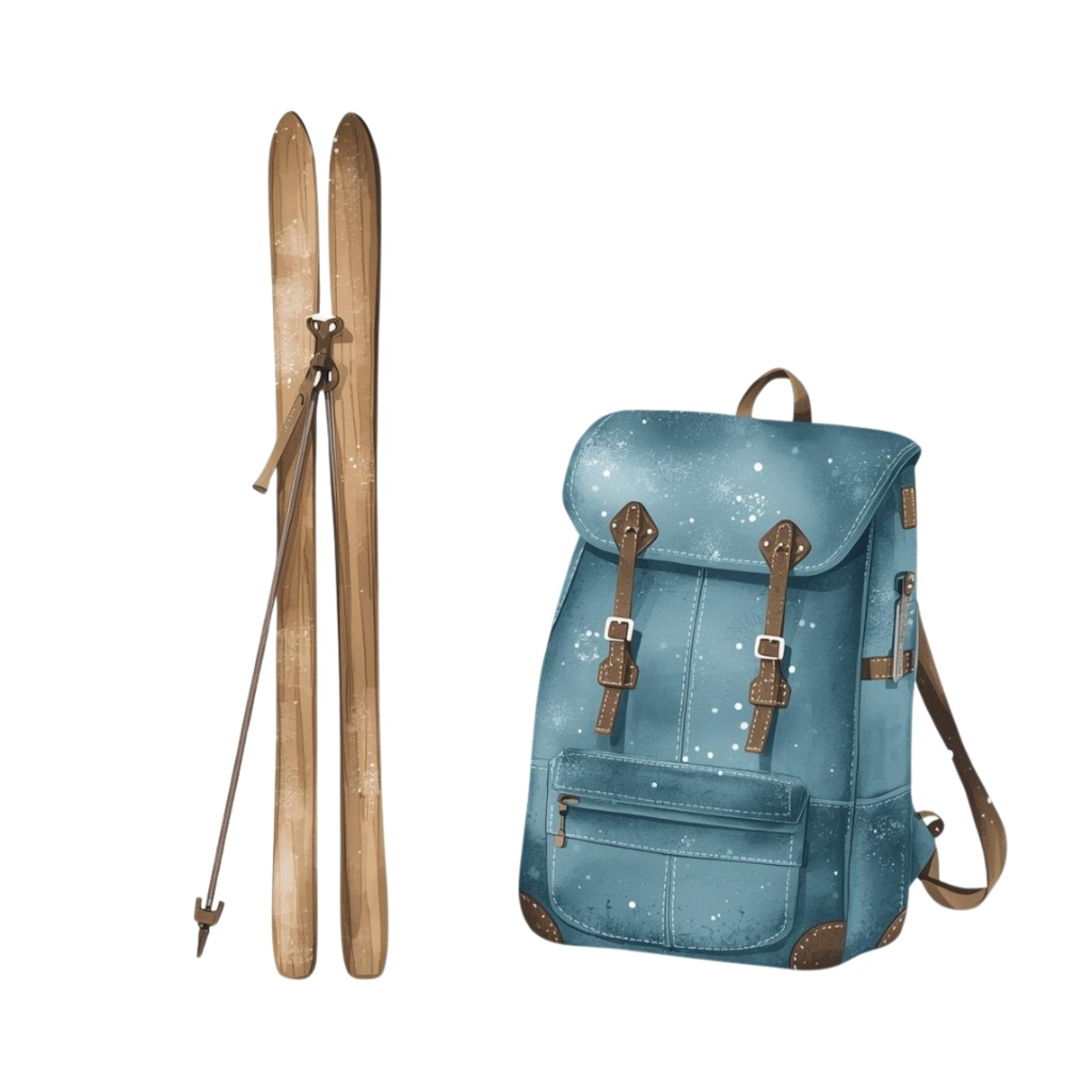 🎿 水彩スキー旅行クリップアートセット(アンティーク×水色/PNG22点)ット|PNG背景透過