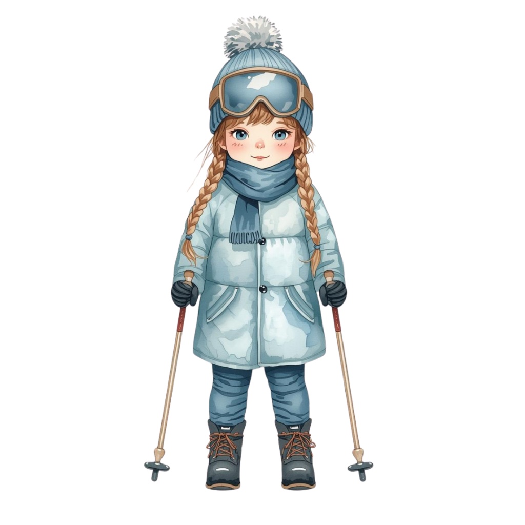 🎿 水彩スキー旅行クリップアートセット(アンティーク×水色/PNG22点)ット|PNG背景透過