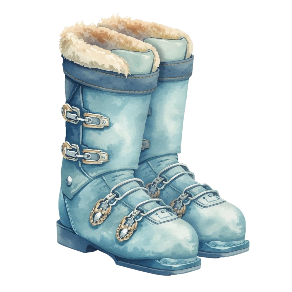 🎿 水彩スキー旅行クリップアートセット(アンティーク×水色/PNG22点)ット|PNG背景透過