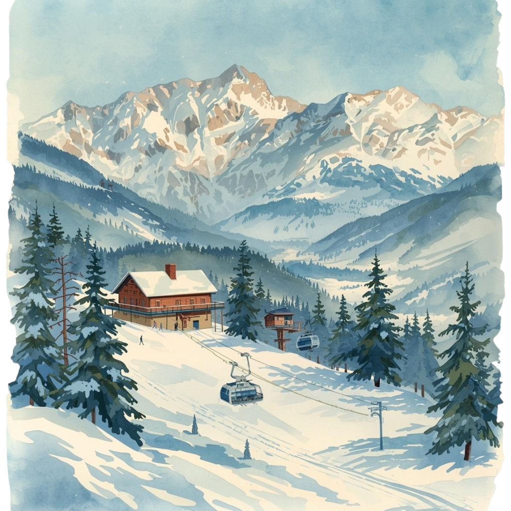 🎿 水彩スキー旅行クリップアートセット(アンティーク×水色/PNG22点)ット|PNG背景透過