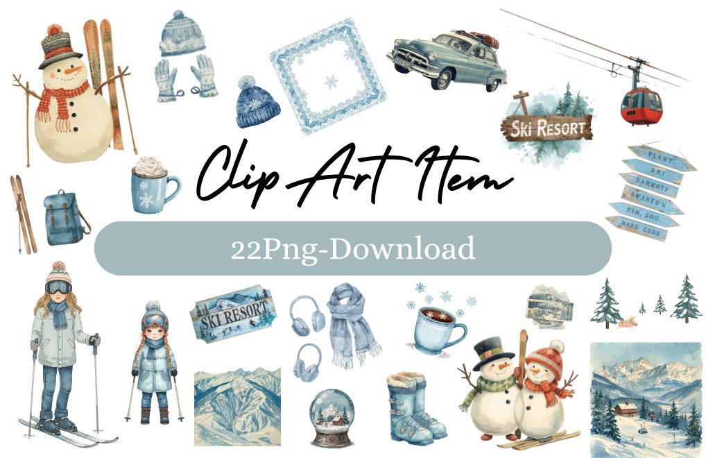 🎿 水彩スキー旅行クリップアートセット（アンティーク×水色／PNG22点）ット｜PNG背景透過
