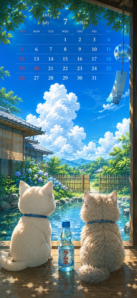 【無料】2026年7月スマホ壁紙カレンダー｜夏空とゆるねこたち