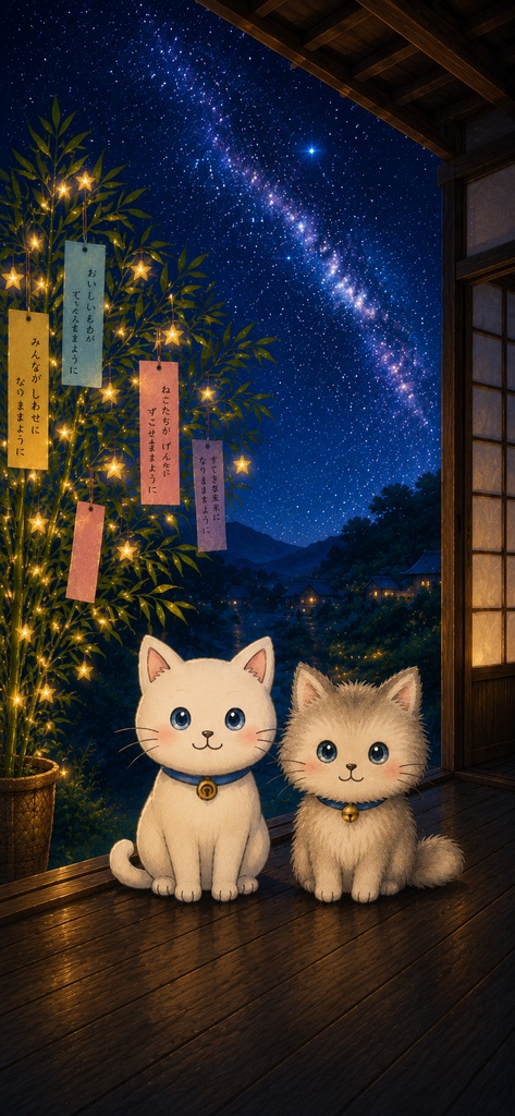 七夕の願い｜ゆるねことふわねこのスマホ壁紙
