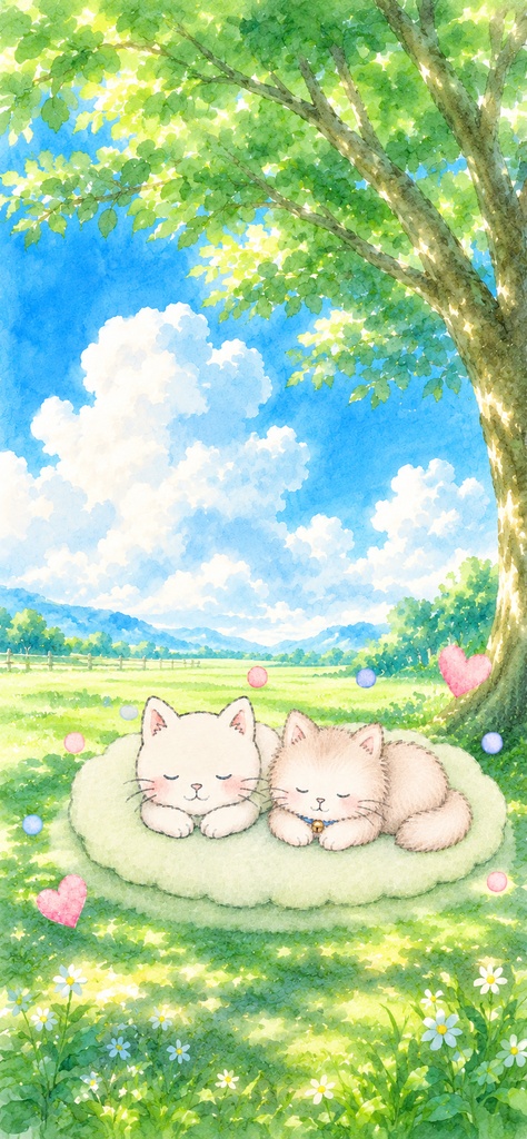夏の木陰でお昼寝｜ゆるねことふわねこの無料スマホ壁紙