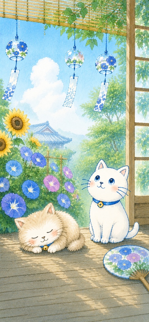 【無料】スマホ壁紙｜朝顔とひまわりの夏景色【ゆるねこ＆ふわねこ】