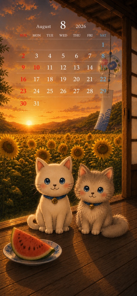 【無料】2026年8月スマホ壁紙カレンダー｜夕焼けのひまわり畑【ゆるねこ＆ふわねこ】
