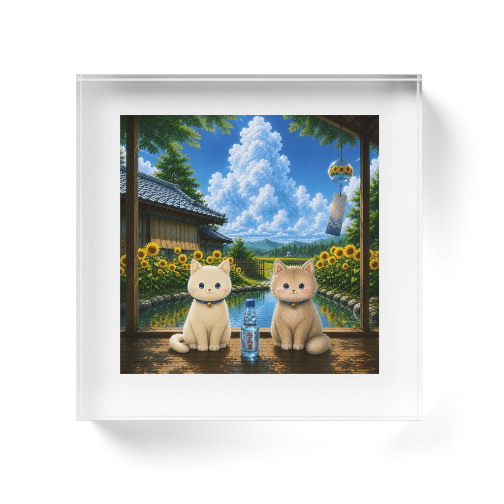 ゆるねこ&ふわねこ 夏空とひまわりのラムネ アクリルブロック