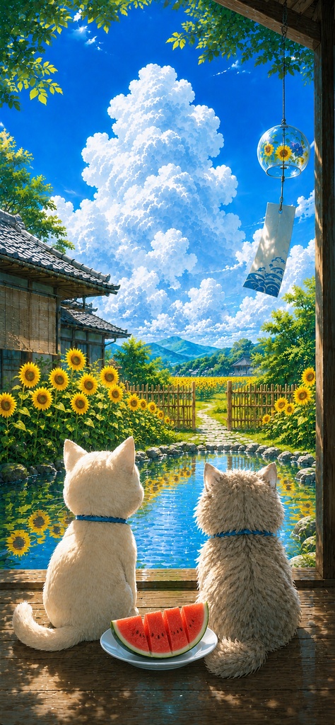 【無料スマホ壁紙】入道雲とひまわり、そして夏のスイカ🍉｜ゆるねこ＆ふわねこ