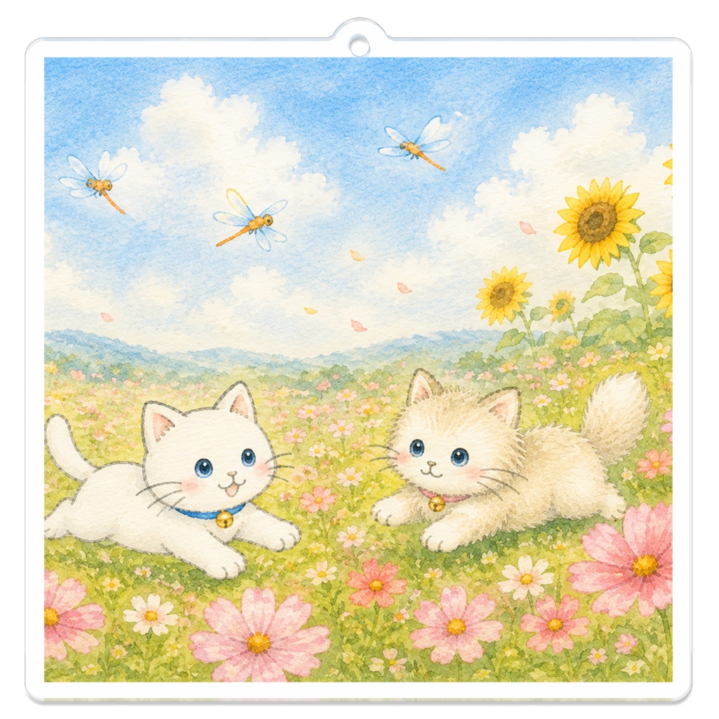 残暑の花畑でのんびり ゆるねこ&ふわねこ アクリルキーホルダ