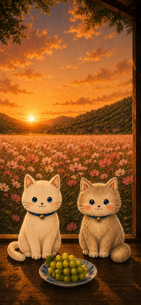 無料スマホ壁紙 コスモス畑のゆるねこ＆ふわねこ