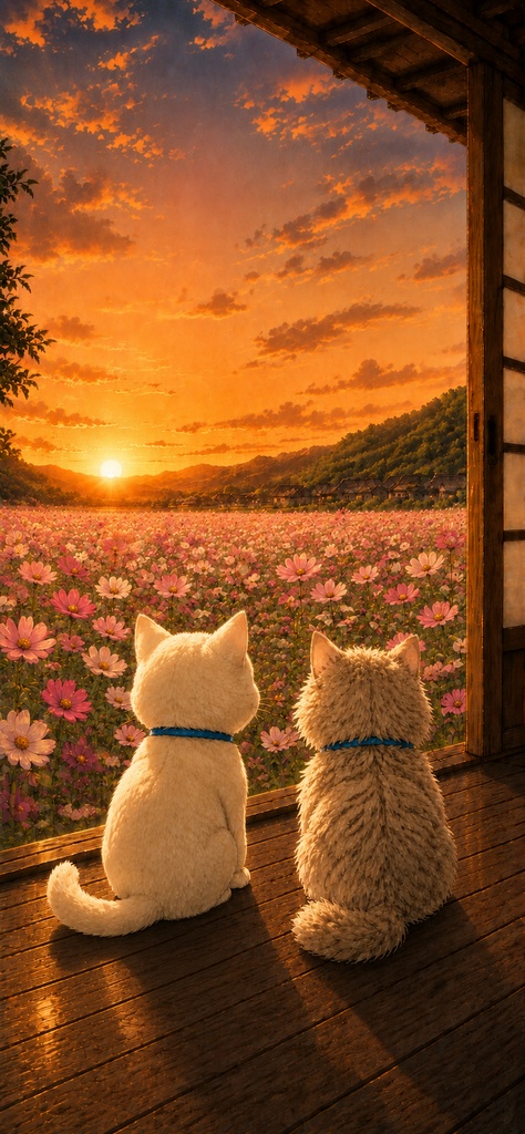 無料スマホ壁紙｜コスモス畑を眺めるゆるねこ＆ふわねこ