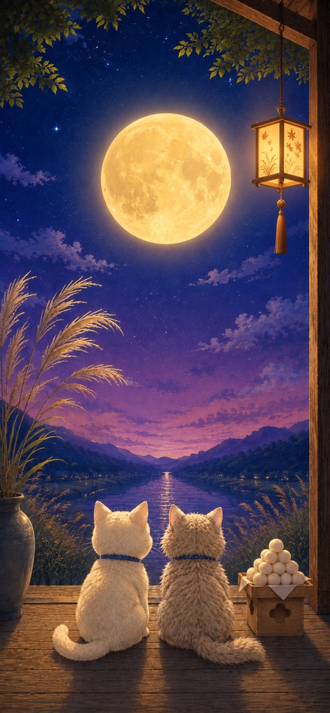 【無料】十五夜のお月見｜ゆるねこ＆ふわねこ スマホ壁紙
