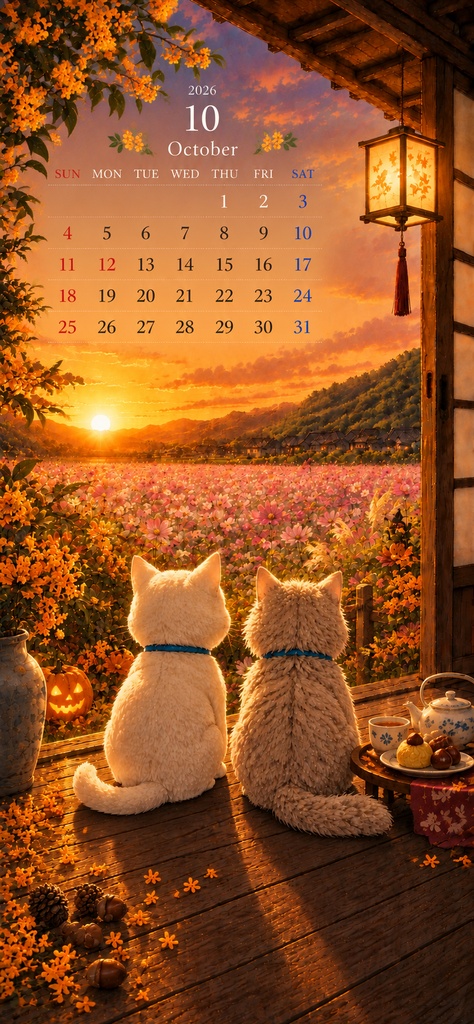 【10月スマホ壁紙カレンダー】ゆるねこ＆ふわねこ｜秋の夕暮れ＆満月 2枚セット