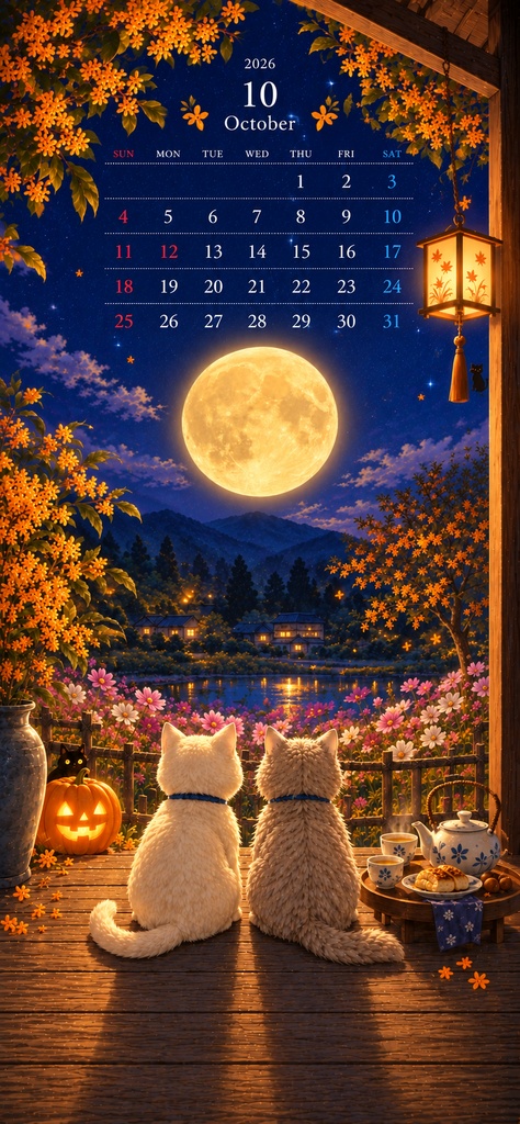 【10月スマホ壁紙カレンダー】ゆるねこ&ふわねこ|秋の夕暮れ&満月 2枚セット