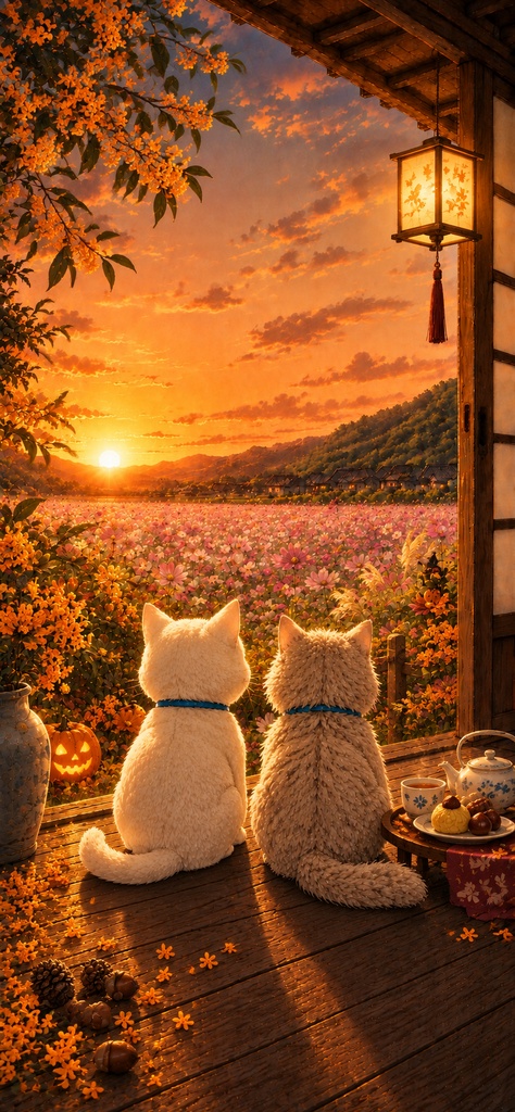 秋の夕暮れと寄り添う猫たち｜スマホ壁紙・待ち受け画像｜カレンダーなし