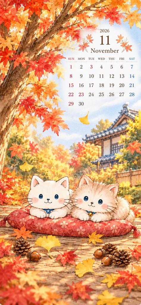 秋色の庭と寄り添う子猫たち｜2026年11月カレンダー付きスマホ壁紙