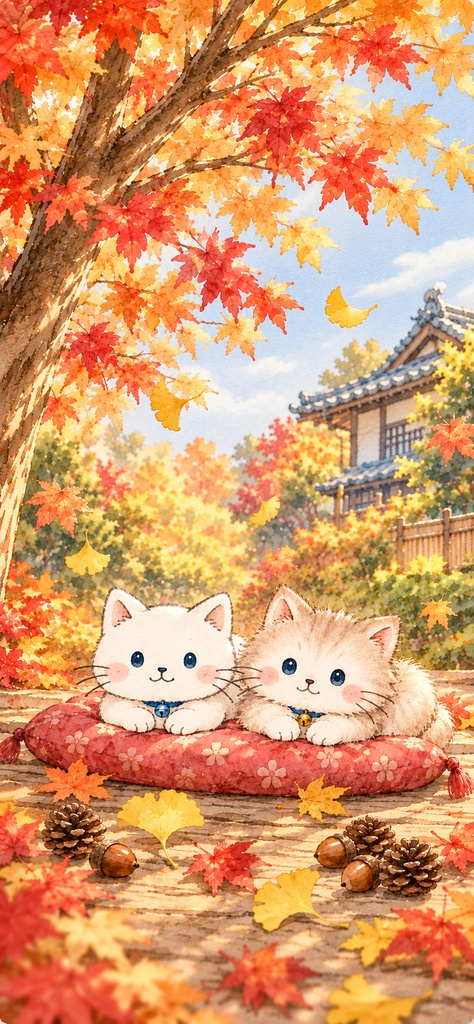 秋色の庭と寄り添う子猫たち|カレンダーなしスマホ壁紙