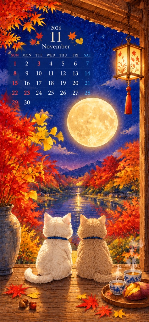 🌕🍁 秋夜の月明かりと寄り添う猫たち｜2026年11月カレンダー付きスマホ壁紙