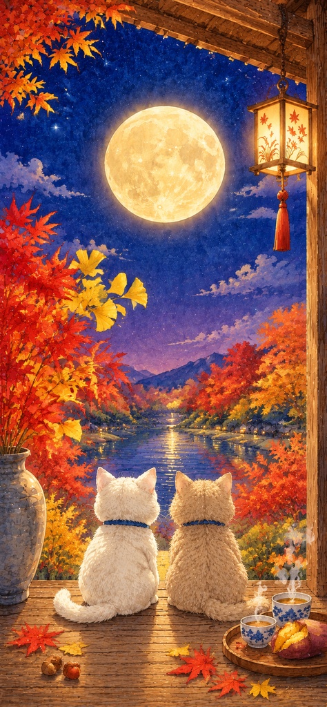 🌕🍁 秋夜の縁側と月見猫たち｜カレンダーなしスマホ壁紙