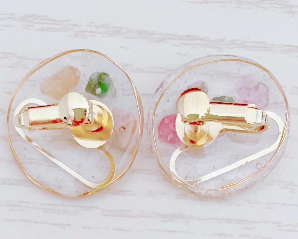 BIGサイズ💎color3💚天然石のゴールドサークルレジンイヤリング