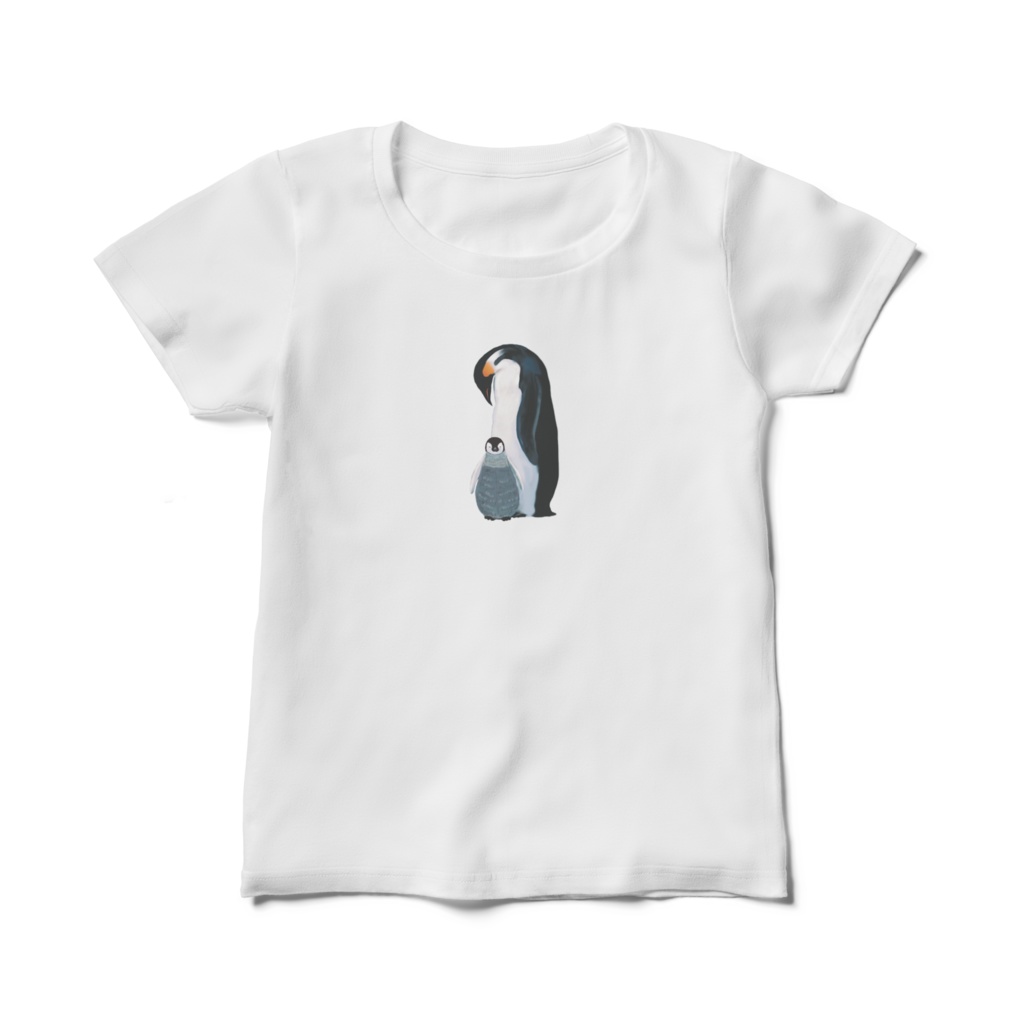 エンペラーペンギンの母子、レディースTシャツ、白