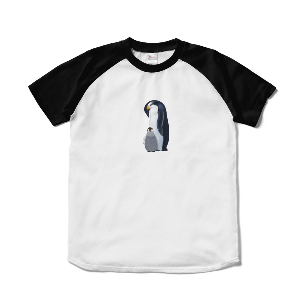 エンペラーペンギンの母子、ラグランTシャツ、ブラック