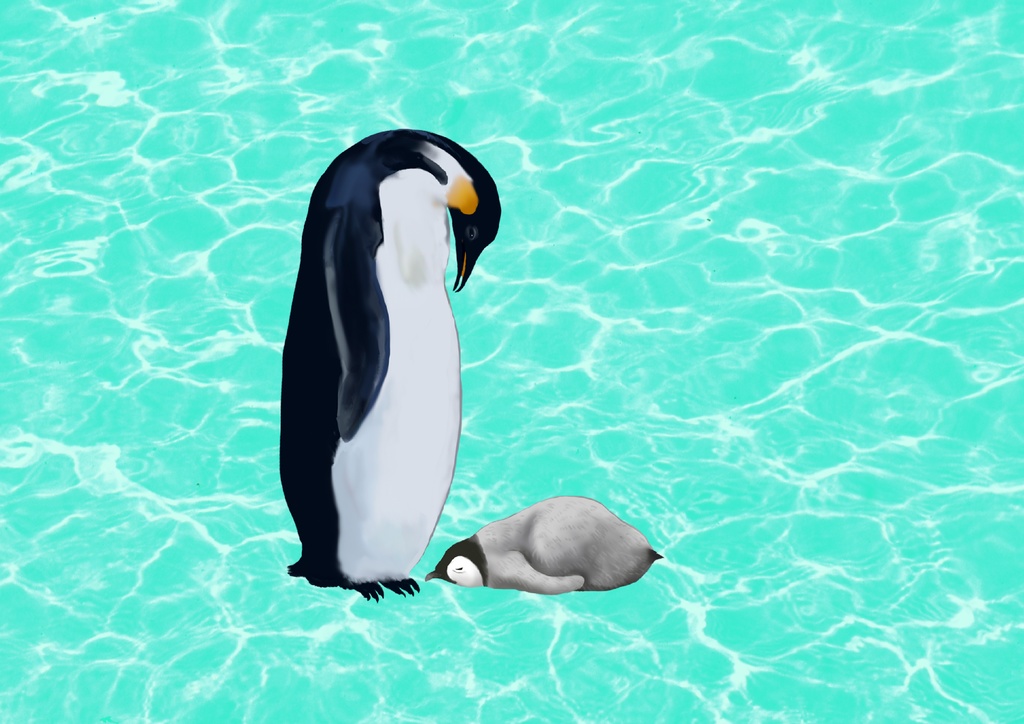 エンペラーペンギンの母子、渚、タオル小