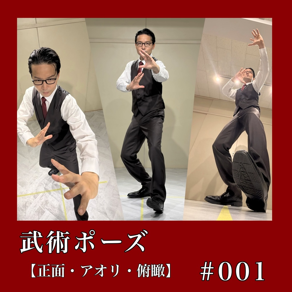 武術ポーズ #001（正面・アオリ・俯瞰）〈スーツ写真・動画資料〉