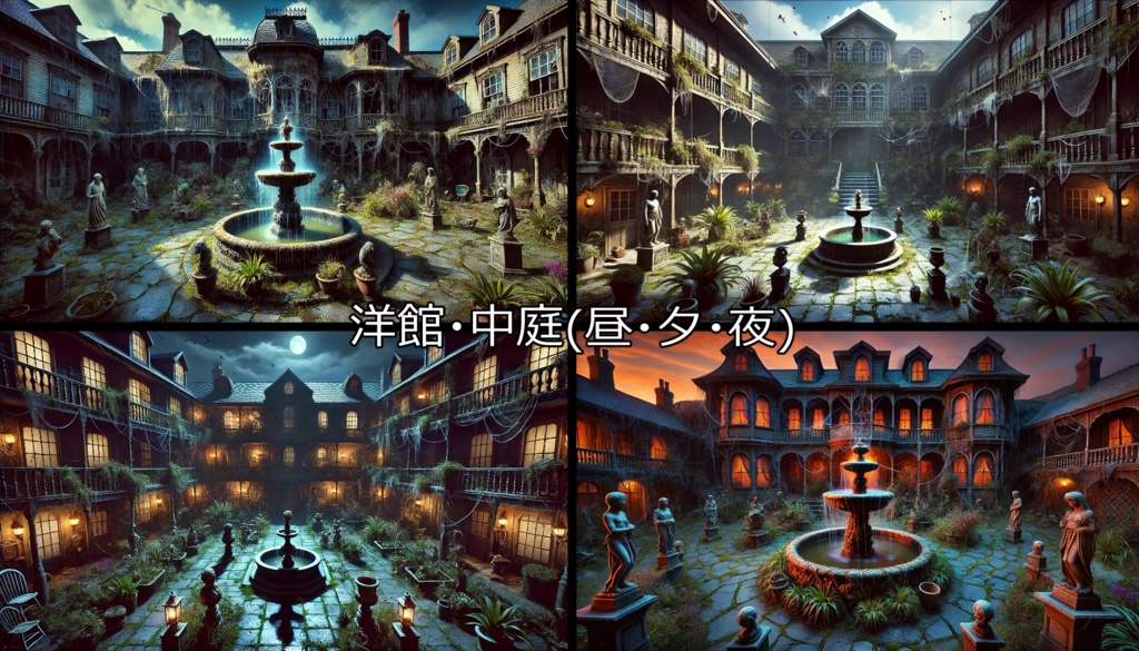 【無料フリー背景素材】ありそうでなさそうな洋館Vol.3(ギャラリー/書斎/中庭)【ゲーム/TRPG】