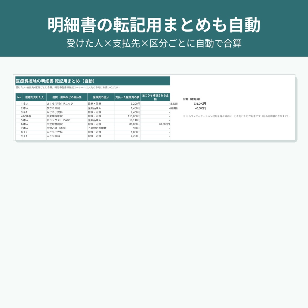 【2026年分】医療費控除 集計&セルフメディケーション比較シート|家族分まとめて自動集計・明細書の転記用まとめ付き【xlsx・マクロなし】