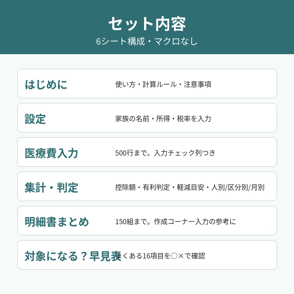 【2026年分】医療費控除 集計&セルフメディケーション比較シート|家族分まとめて自動集計・明細書の転記用まとめ付き【xlsx・マクロなし】